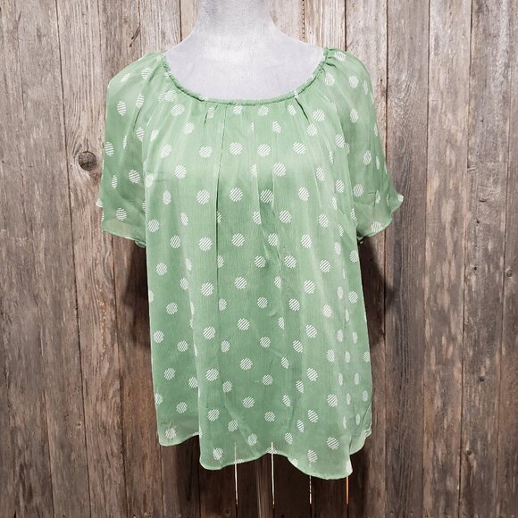 LC Lauren Conrad L Top Blouse Green Dot Short Sleeve Flowy Tie Back Women's - Picture 1 of 6